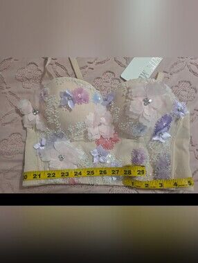 Floral Appliqué Longline Bustier Bra in Blush